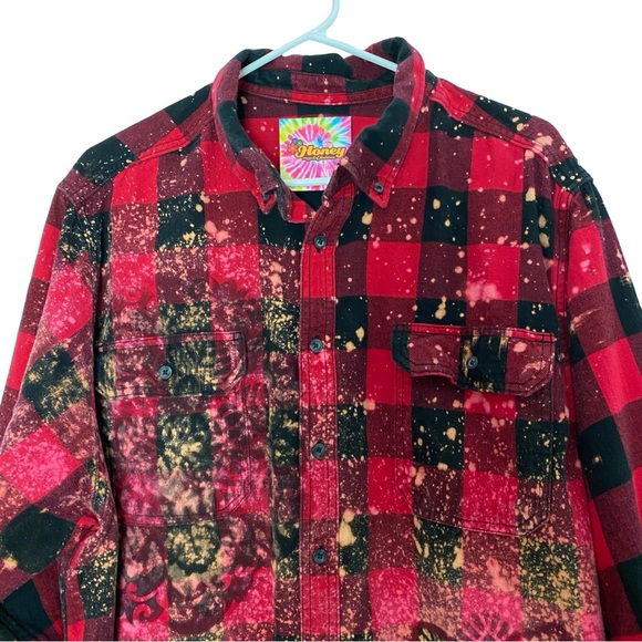 Handmade Floral Flannel Shirt Mens Size 2XL Red Black Bleached Plaid Button Down - Picture 3 of 8
